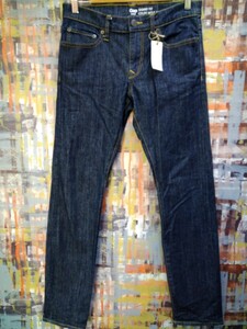 送料込★GAP DENIM/スキニーストレッチデニム/29表示~w身体75位/濃インディゴきれい系/オレンジイエローステッチ/脇割巻割り