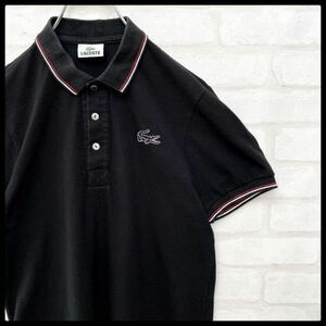 【希少デザイン】ラコステ レアワニ ワンポイント刺繍 半袖 ポロシャツ 黒 2=Sサイズ相当 LACOSTE