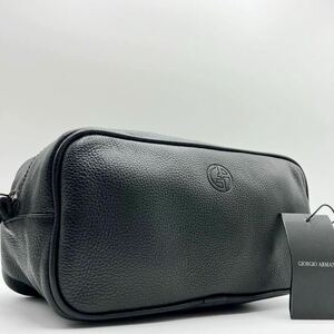 【希少/未使用保管品】1円 GIORGIO ARMANI ジョルジオアルマーニ クラッチバッグ セカンドバッグ ビジネス GAロゴ シボ レザー メンズ 黒