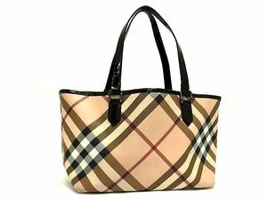 1円 BURBERRY バーバリー チェック柄 PVC×パテントレザー トートバッグ ショルダーバッグ 肩掛け ベージュ系×ブラック系 AX6607