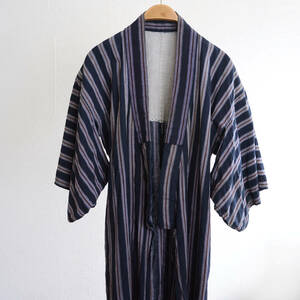 藍染 着物 ローブ 木綿 縞模様 ジャパンヴィンテージ リメイク素材 襤褸 boro indigo kimono robe long cotton stripe Japan vintage