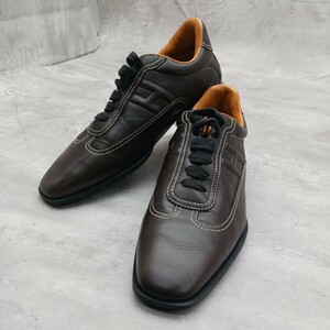 美品 HERMES エルメス 靴 シューズ shoes Quick メンズ ヒモ ステッチ 茶 ブラウン made in Italy Hロゴ クイック スニーカー サイズ37 