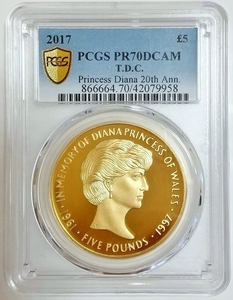 2017年 トリスタンダクーニャ島 TDC ダイアナ妃 没後20周年 5ポンド プルーフ 金貨 PCGS PR70 DCAM イギリス領