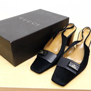 45433-80　Gucci　パンプス　サンダル　ヒール　ベロア　毛　未使用　ブラック36　1/2c　送料80size