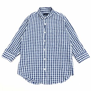 SHIPS JET BLUE シップス 麻 リネン混 襟ワイヤー ギンガムチェック シャツ M 紺×白 ネイビー ホワイト 七分袖 カジュアル 日本製 メンズ