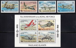 31 フォークランド諸島【未使用】＜「1993 英国空軍75年」 4種完＋組合せ・小型シート(4種田型) ＞