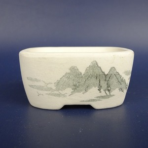 【中古】盆栽鉢 文山 小鉢 長辺 約 5.4cm 長方鉢 墨絵 風景画 現品 中古鉢