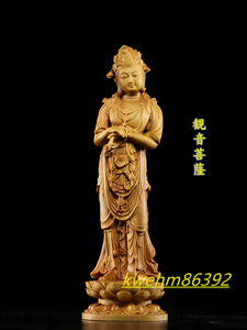 最高級 観音像 木彫り 仏像 観音菩薩 立像 柘植材 仏教工芸 精密彫刻