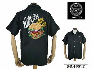 【送料無料 39%OFF】HOUSTON ヒューストン 刺繍ボウリングシャツ (ボーリングシャツ) 「BURGER」柄 NO.40992 BLACK_Lサイズ