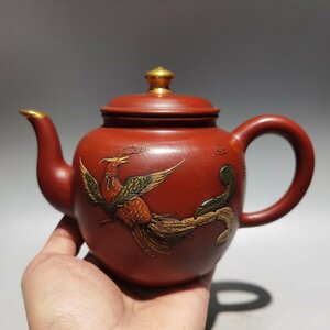 ◆古寳堂◆清代 紫砂壺 描金壺 惠孟臣 紅泥 茶具 茶道品 極細工 古置物 古擺件 中国古美術 時代物 古董品