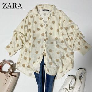 ZARA 良品　春夏大人可愛い　リネンレーヨンブレンド　ベージュドット　お袖ふんわり　プルオーバーブラウストップス　サイズS ザラ♪