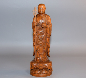 ▽鴻▽ 黄楊木製 細密彫 地藏王菩薩像 置物 古賞物 中国古玩 中国古美術