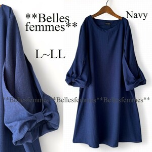 ★送料185円★新品 L～LL/XL/2L★リボン袖チュニック*大人可愛い*春夏チュニック*たっぷり長め丈*ふんわりチュニック695*ネイビー