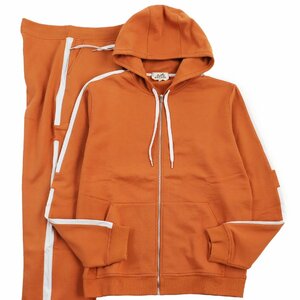 極美品●HERMES エルメス 19AW ランH Hロゴ ジップパーカー スウェットパンツ セットアップ オレンジ ホワイト L・M 伊製 正規品 メンズ