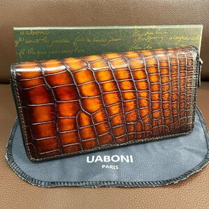 逸品 限定EU製＆定価68万◆UABONI*アメリカアリゲーター・ファスナー長財布◆高級 希少 手染 パティーヌ クロコ 本革 レザー ワニ革 メンズ