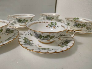 Bone China ティー カップ＆ソーサー 5客 HOYA GREEN LEAF 金彩 JAPAN / ボーンチャイナ グリーンリーフ 洋食器 紅茶 ハーブティー 茶器