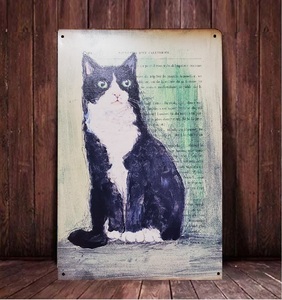 ブリキ看板　HANAKO　レトロ　猫の看板　R7　ハチワレ猫　ウェルカムボード　ペットショップ　肖像画