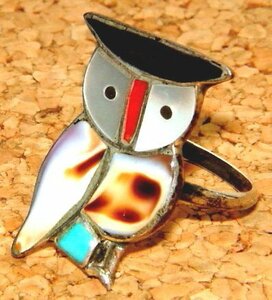 本物 2000年代前期 ズニ族 ZUNI族 インディアンジュエリー シルバー製 フクロウ 梟 インレイ リング 指輪 (12号) ピンキーリング FUNNY
