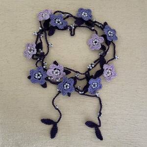 ハンドメイド レース編み　パープル×紫お花ラリエット　エミーグランデ　ブレスレット　ネックレス