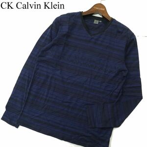 CK Calvin Klein カルバンクライン 通年 ビッグ ロゴ★ ボーダー 長袖 Vネック カットソー ロンTシャツ Sz.M　メンズ　A4T00452_1#F
