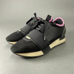 ◯4c1 BALENCIAGA バレンシアガ イタリア製 RACE RUNNER レースランナー ローカットスニーカー シューズ 37 ブラック レザー スエード