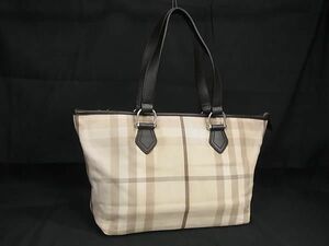 1円 BURBERRY バーバリー キャンバス×レザー チェック柄 トートバッグ ショルダー 肩掛け レディース ベージュ系×ブラウン系 BJ2846