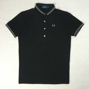 【美品】FRED PERRY フレッドペリー ポロシャツ F1074 Sサイズ 日本製 黒/銀ライン ブラック 鹿の子 半袖シャツ