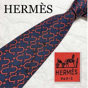 HERMES エルメス　ネクタイ　金具　総柄　シルク100% フランス製　ブルー×レッド