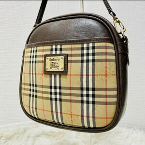 1円【極美品】【BURBERRY バーバリー】ショルダーバッグ ノバチェック シャドーホース ホースロゴ キャンバス レザー ブラウン系 1スタ