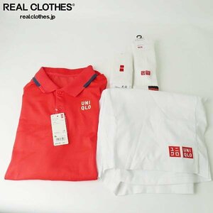 【未使用】UNIQLO/ユニクロ テニスウェア ドライ ポロシャツ ショートパンツ リストバンド ソックス 4点セット レッド/XL/XL /060