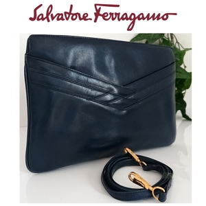 良品 フェラガモ Salvatore Ferragamo 2way 斜め掛け ヴィンテージ レザー クラッチバッグ ショルダーバッグ ネイビー レディース メンズ