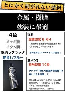 とにかく剥がれない スプレー 塗料４色（チタン調/メッキ調/艶消しブラック/艶消しブルー）《ガラスコーティング級の塗膜強度》驚異の食付