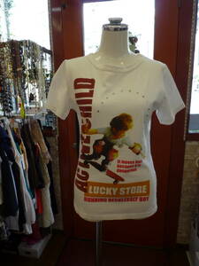 【0805-2】LUCKY STOE 白プリントTシャツ　Ｓサイズ