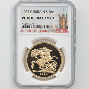 1982 英国 エリザベス2世 ソブリン 金貨 5 ポンド プルーフ NGC PF 70 UC 最高鑑定 完全未使用品 聖ジョージ竜退治 イギリス 金貨