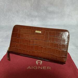 【美品】　AIGNER　アイグナー　正規品　男女兼用 ★ 本革　クロコ型押し　レザー　ラウンドファスナー長財布　ウォレット　カード入れ×12