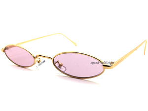 METAL NARROW OVAL SUNGLASS GOLD × PINK/メタルナローオーバルサングラスピンクカラーレンズ眼鏡メガネ細長横長紫外線カット個性的派手