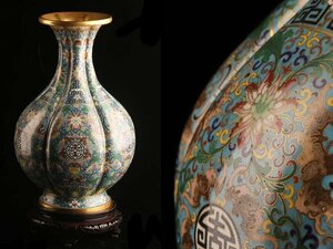 【琴》送料無料 古美術品 時代 銅製特大七宝花瓶 高38.5cm WL250