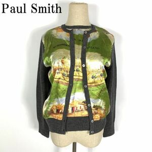 LA436 ポールスミス 切替アンサンブルニット グレー×緑グリーン系 Paul Smith 2点セット サテン生地 長袖カーディガンM