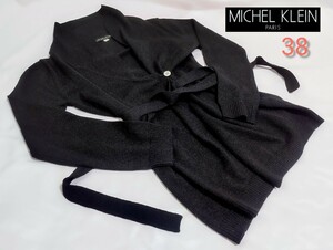 ★美品 MICHEL KLEIN レディース カーディガン ミッシェルクラン 共布ベルト付き 38 ブラック ウール ニット カーデアズール 長袖 黒 女性