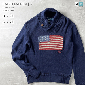 RALPH LAUREN　星条旗 セーター 紺 ネイビー 柄 ニット 襟 ショールカラー 綿 コットン 麻 リネン 厚手 アメリカ 国旗 ざっくり S メンズ M