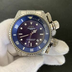 良品 technos テクノス QZ TGM513 ブルー文字盤 デイト メンズ腕時計 