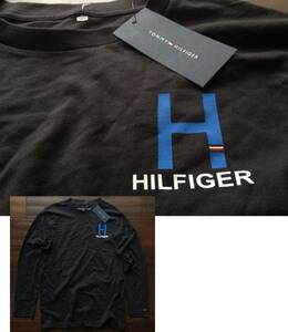 【既決USA】トミーヒルフィガー★TOMMY HILFIGER@完売胸元&袖刺繍【TH Flag 】ロゴ入長袖Tシャツ【TH Logo Graphic Long Sleeve Tee】黒@S