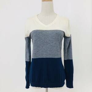 a02369 美品 TRANS WORK トランスワーク ニット 長袖 薄手 羊毛混 カシミヤ混 Vネック 40 白 グレー ネイビー エレガントガーリーチック