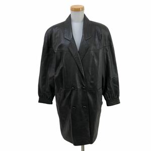 B353-2 レザーコート 本革 レザー 皮革 羊革 ダブル ロング コート アウター 上着 羽織り 長袖 ブラック 黒 レディース F
