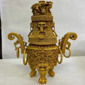 中国美術 彫刻 香炉 時代物 置物 古美術 工芸品 獅子龍雲彫刻三足香炉 耳付 約高さ31×横26センチ重量 2.2キロ