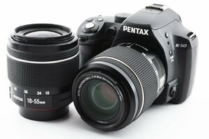 PENTAX K-50 16.2MP ブラック 18-55/50-200mm ダブルレンズ [美品・現状品] ストラップ 乾電池ホルダー 元箱