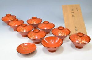 「朱塗稲穂蒔絵　吸物椀　八客」 和食器 吸物碗 汁椀 蓋付 漆芸 漆器 漆塗 朱塗 金蒔絵 懐石 茶道具 箱入 y91614667