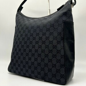 1円◆美品 グッチ GUCCI ショルダーバッグ ハンドバッグ GG柄 キャンバス ブラック 黒 レザー 本革 肩掛け ハーフムーン 三日月型 鞄