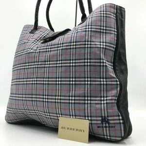 A4収納可能●バーバリー BURBERRY トートバッグ ハンド ショルダー ノバチェック ホースロゴ レザー グレー×ブラック メンズ レディース