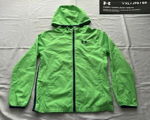 UNDER ARMOUR アンダーアーマー フード付ウインドブレーカーYXL 蛍光緑☆薄手ナイロンジャケット バックロゴ YOUTH スポーツウエア